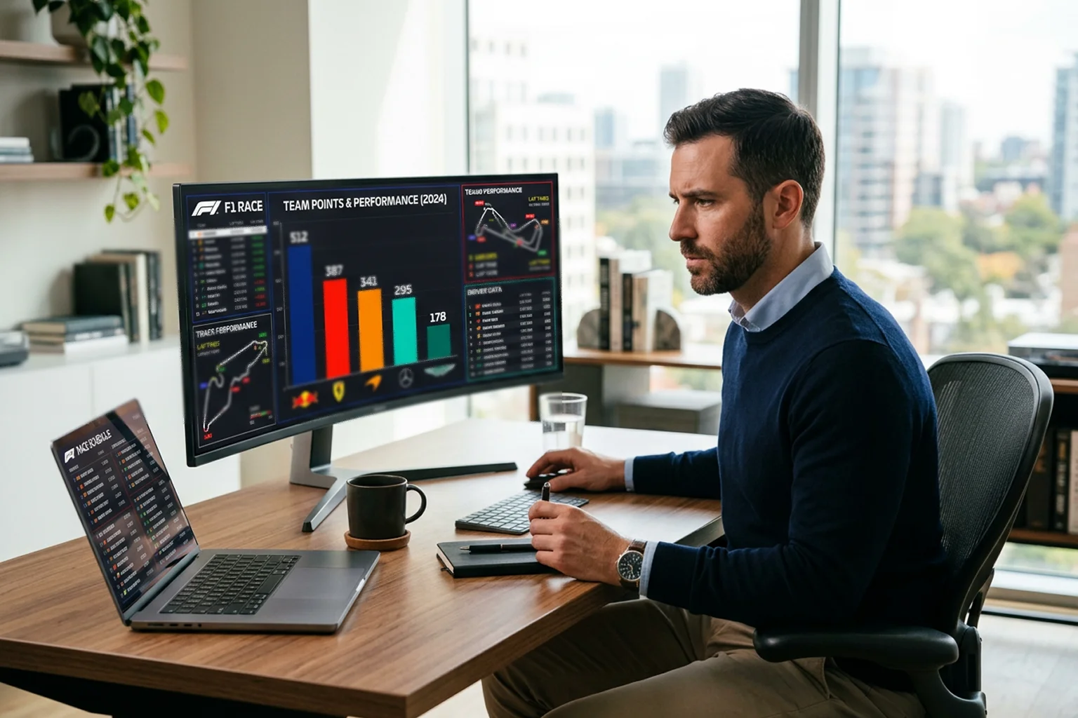 Analyste étudiant les données de performance F1 sur écran