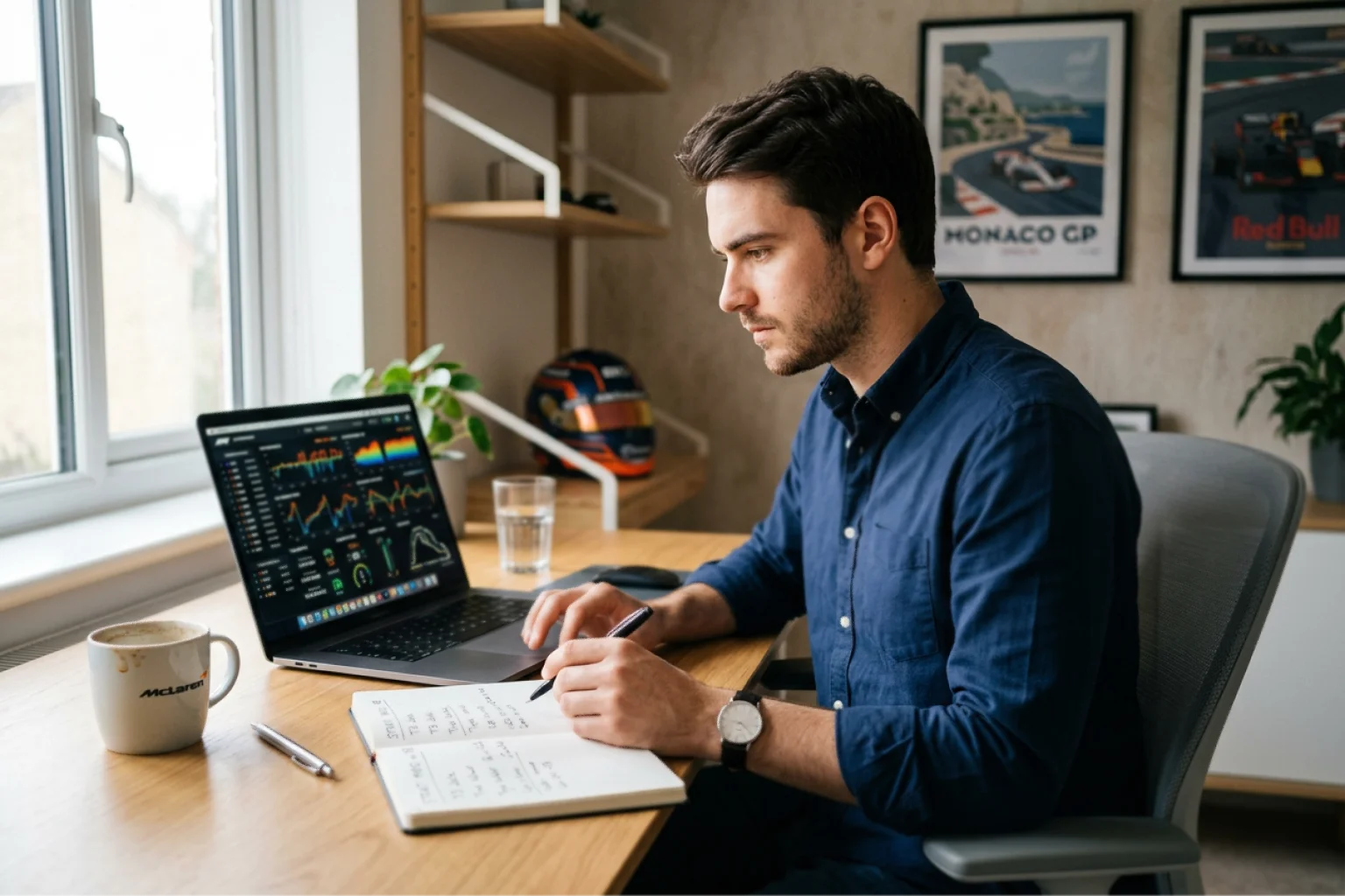 Analyste concentré étudiant les données de course F1 sur son ordinateur portable