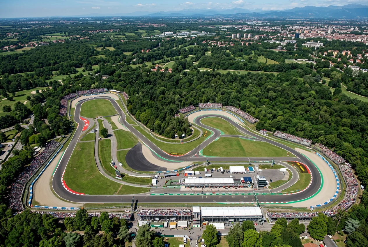 Vue aérienne d'un circuit de Formule 1 montrant les virages et les lignes droites