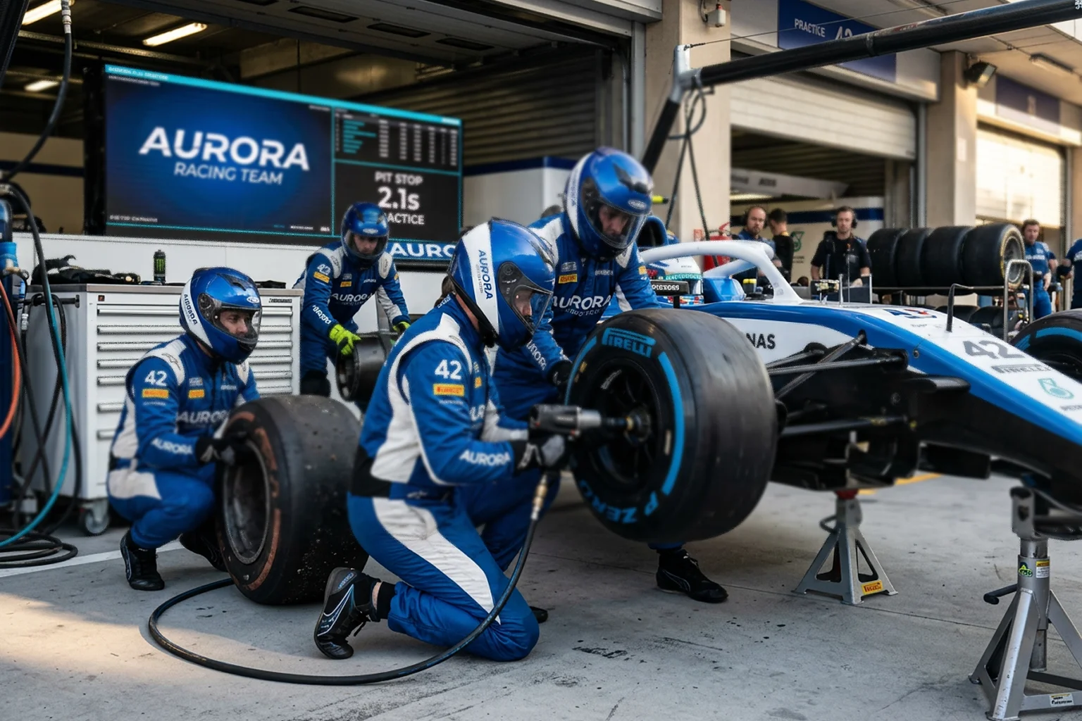 Équipe de mécaniciens F1 travaillant sur une monoplace lors d'un arrêt au stand