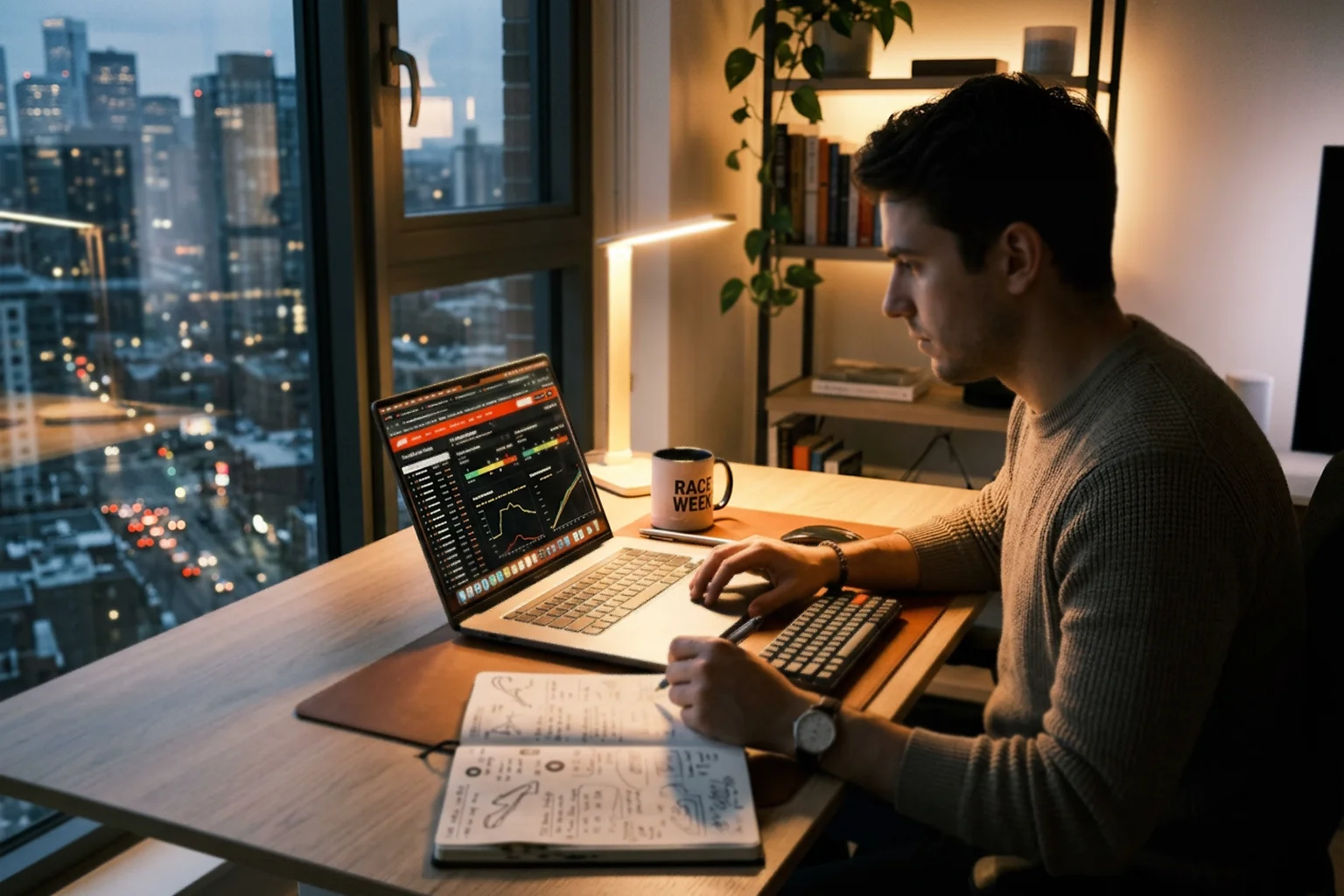 Personne analysant des données de Formule 1 sur un ordinateur portable dans un bureau moderne