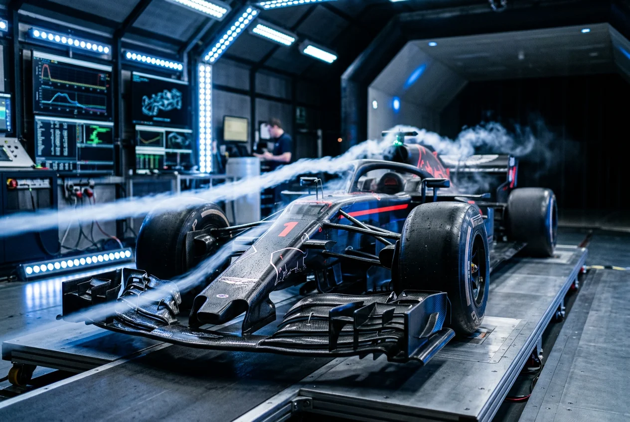 Voiture de Formule 1 dans une soufflerie avec éclairage technique et flux d'air visibles