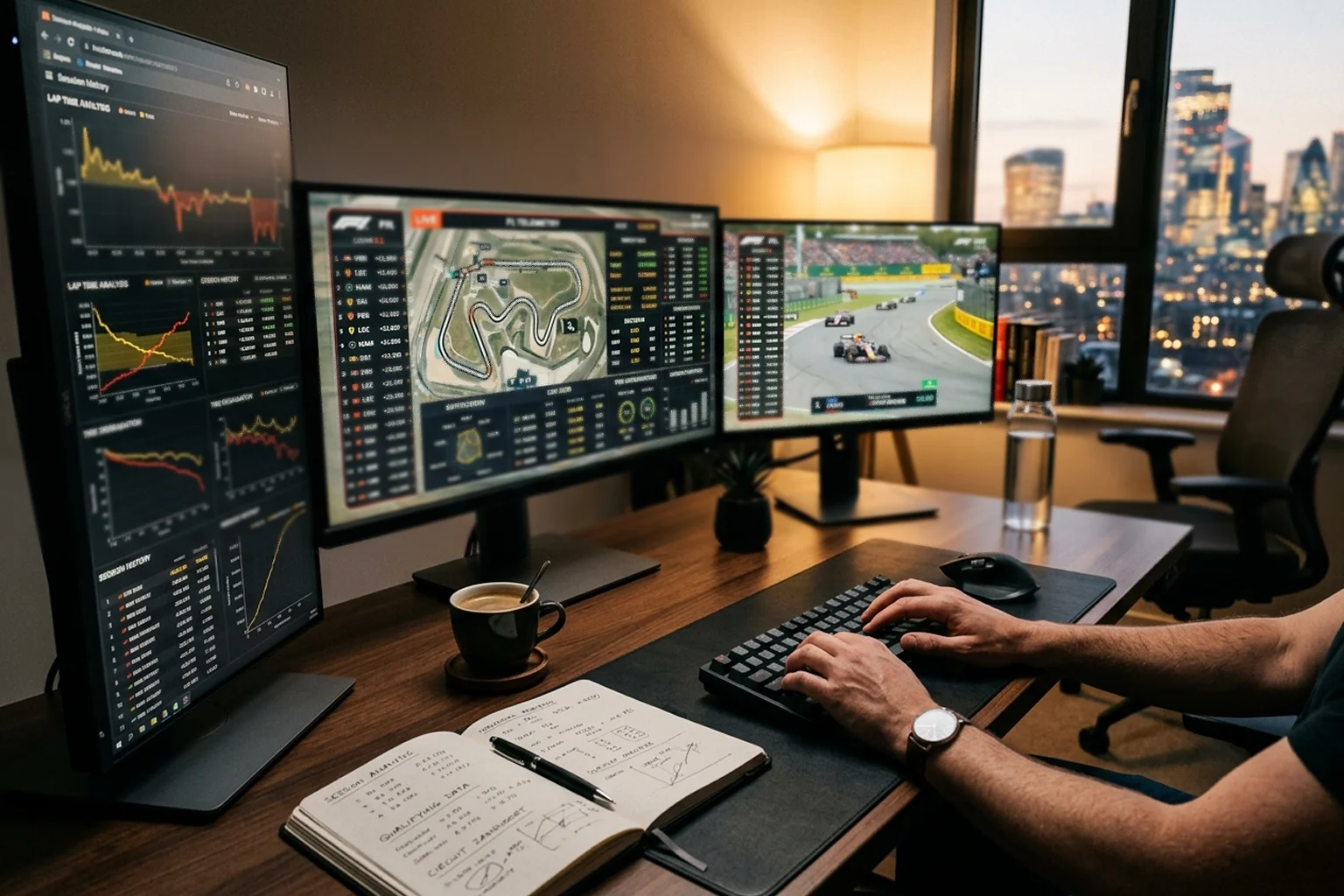 Bureau moderne avec écrans affichant des données de Formule 1 pour analyser les options de paris