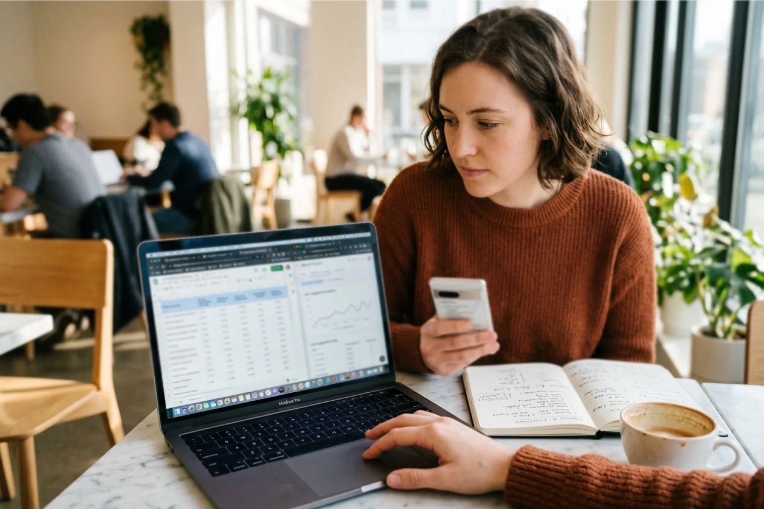 Personne comparant des données sur ordinateur portable et smartphone pour analyser les cotes