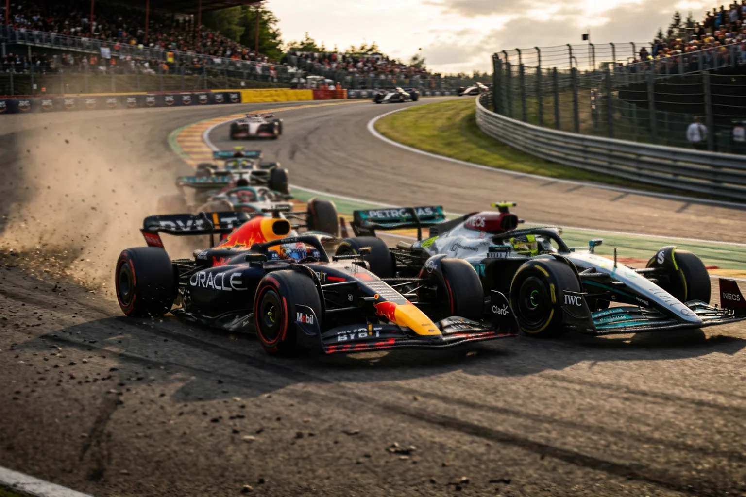 Deux voitures de Formule 1 en duel roue contre roue dans un virage