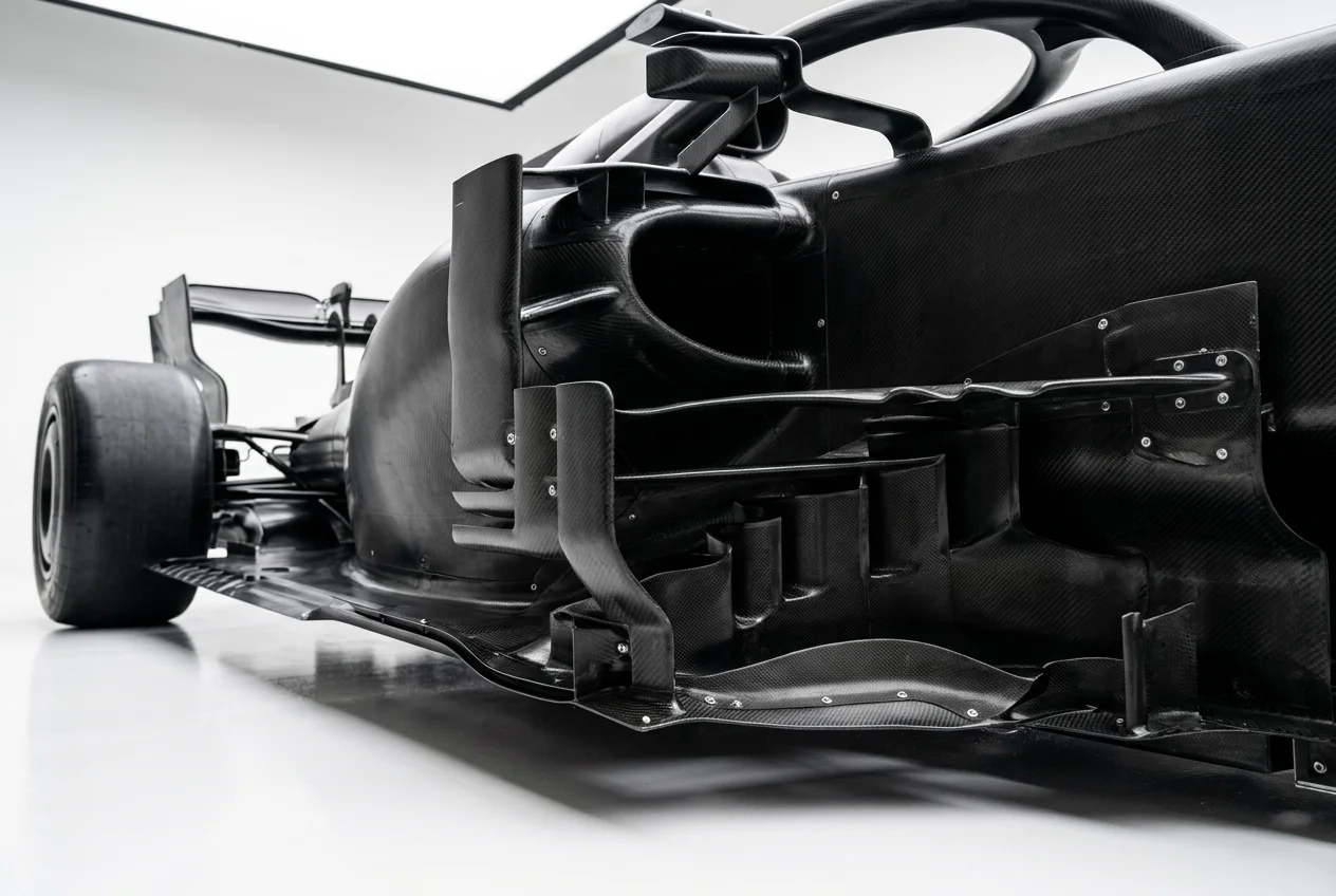 Gros plan sur le plancher et les pontons d'une Formule 1 montrant l'aérodynamique effet de sol