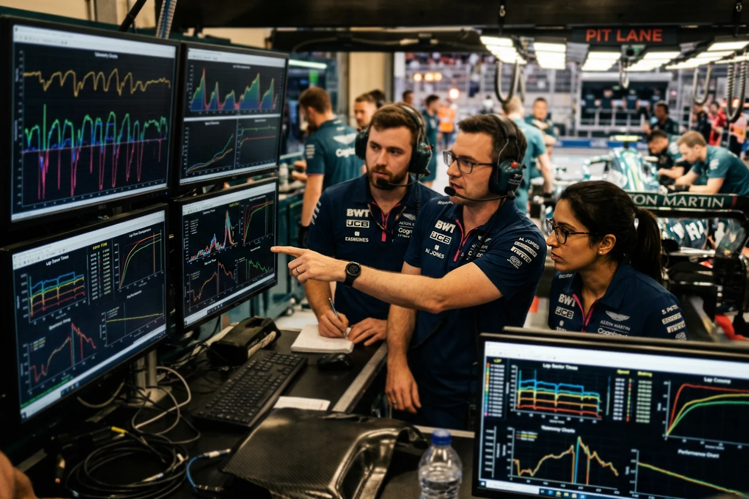 Équipe d'ingénieurs F1 analysant des données de télémétrie sur des écrans dans le garage
