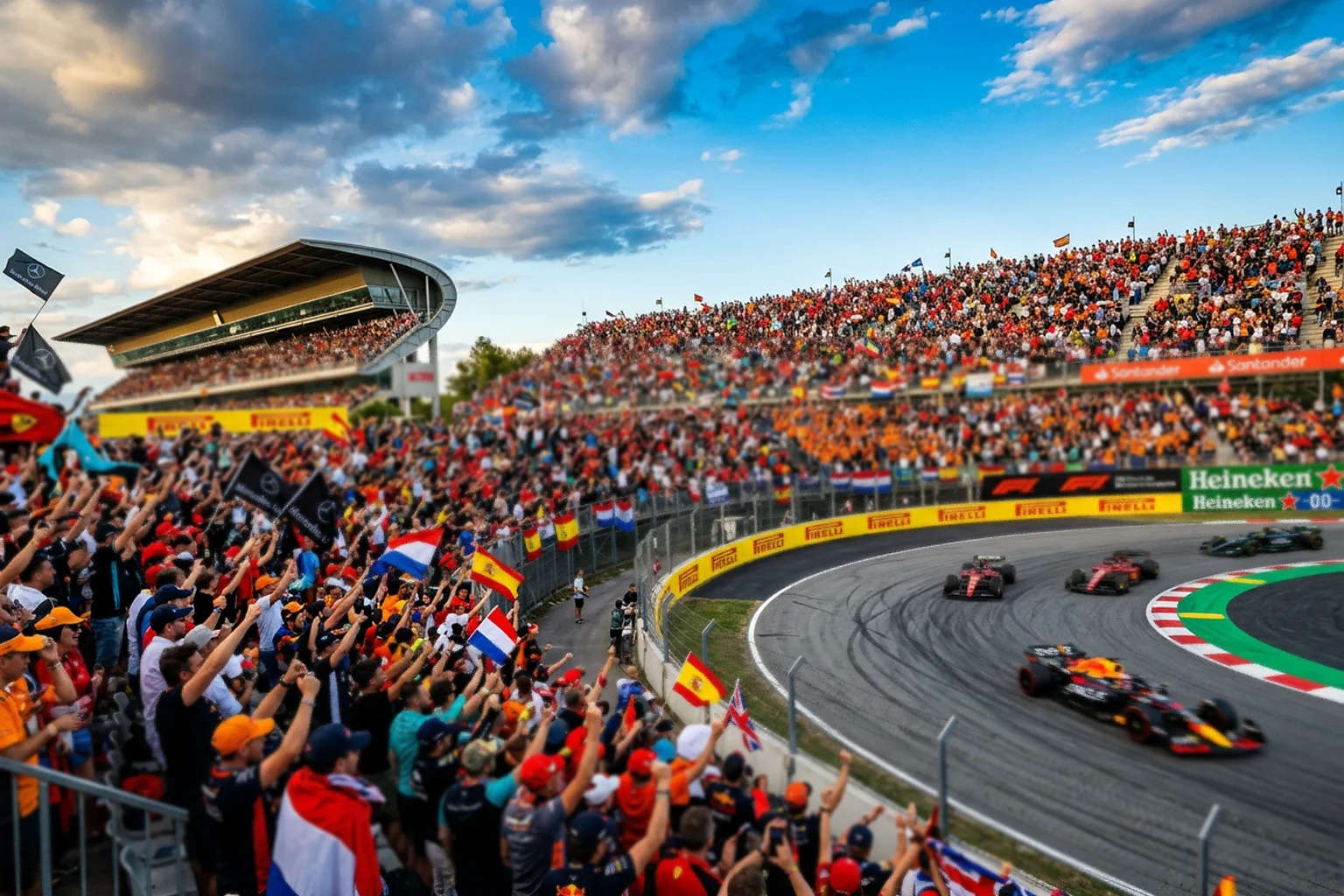 Tribune pleine de spectateurs enthousiastes regardant une course de Formule 1