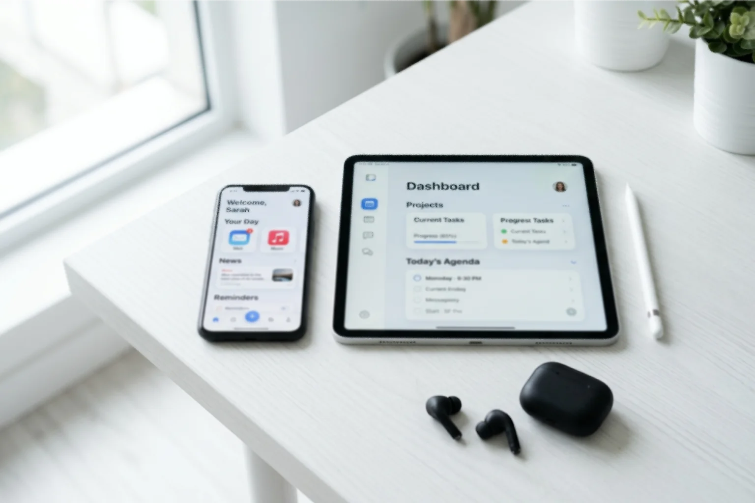 Tablette et smartphone modernes affichant des interfaces utilisateur épurées sur un bureau blanc