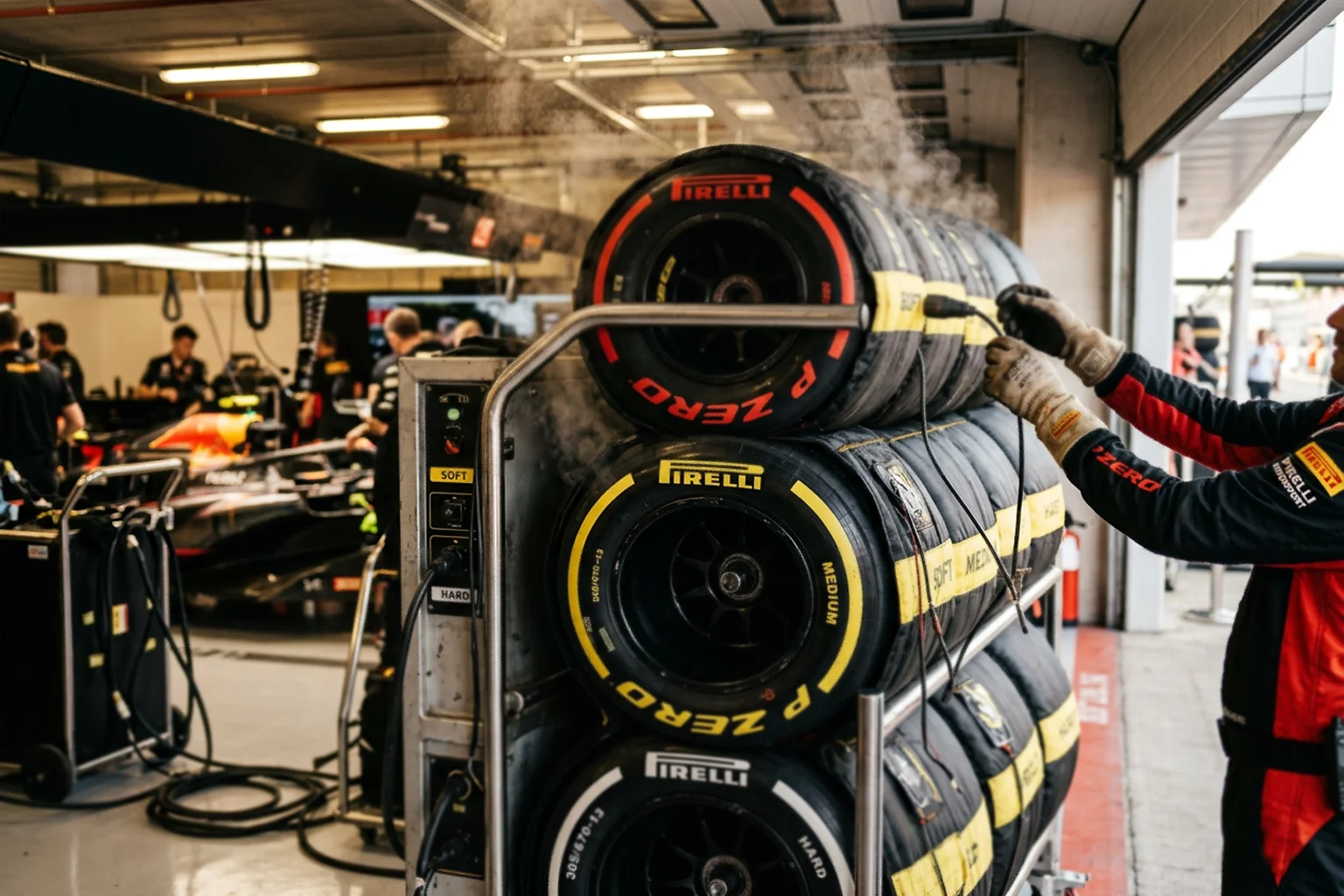 Pneumatiques Pirelli F1 de différents composés empilés avec couvertures chauffantes dans le garage