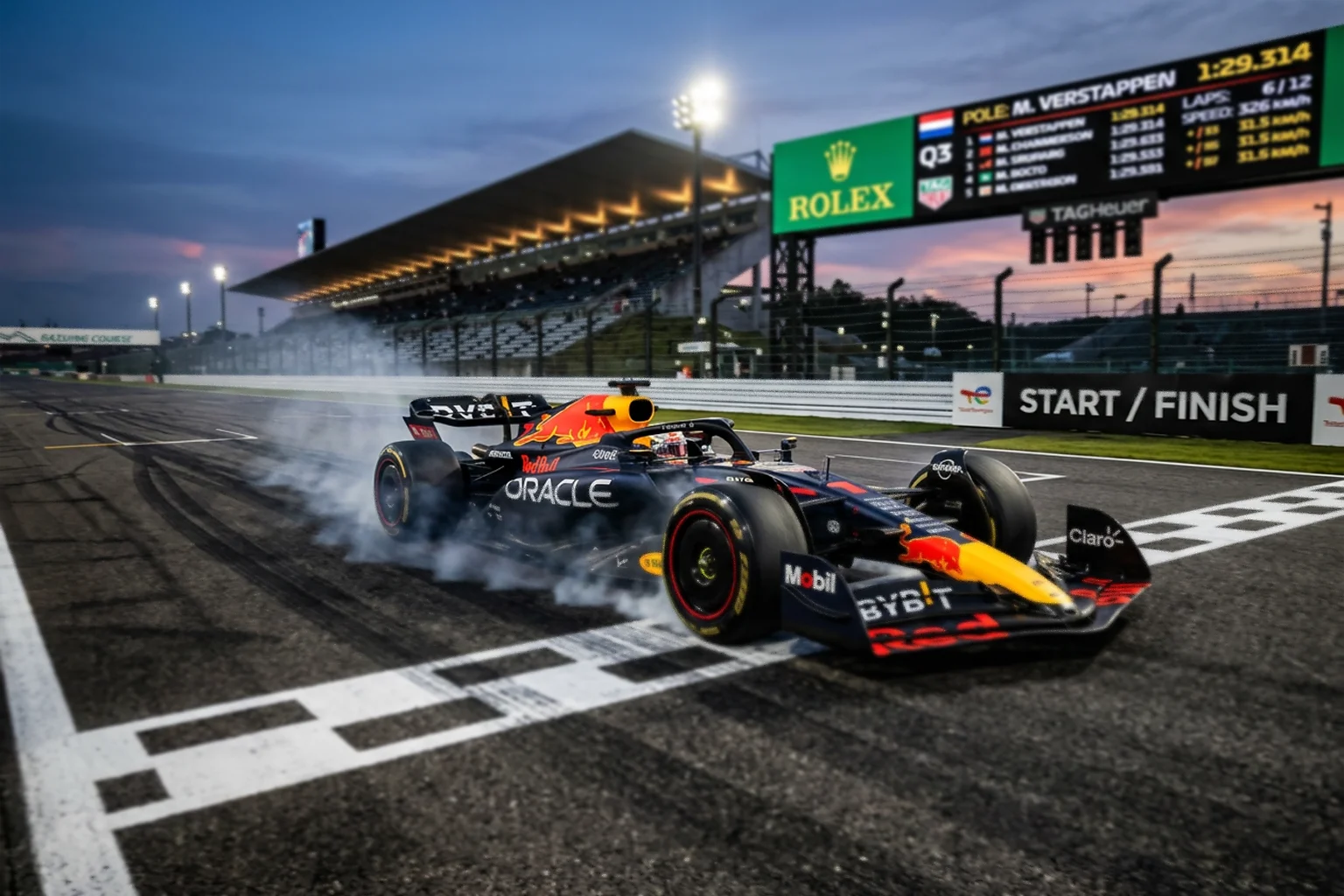 Voiture de Formule 1 franchissant la ligne lors des qualifications avec écrans de chronométrage