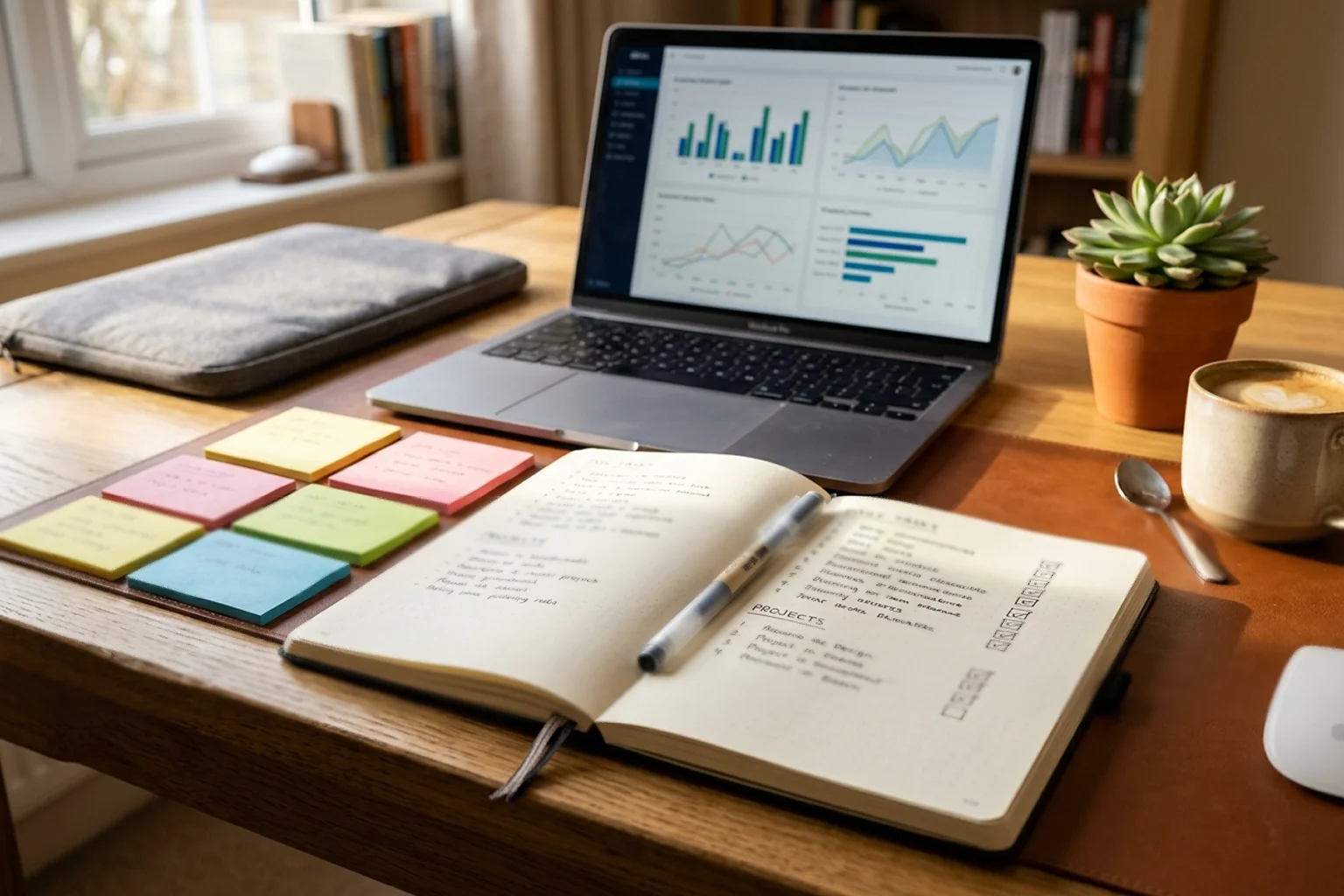 Espace de travail organisé avec carnet de notes, listes et ordinateur portable pour planifier une stratégie de paris