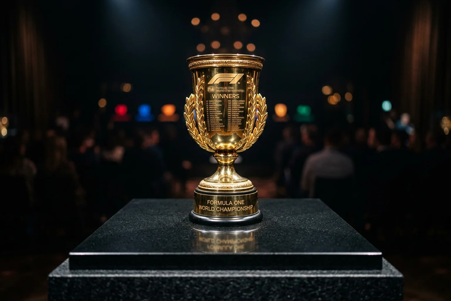 Trophée du championnat du monde de Formule 1 illuminé sous un projecteur