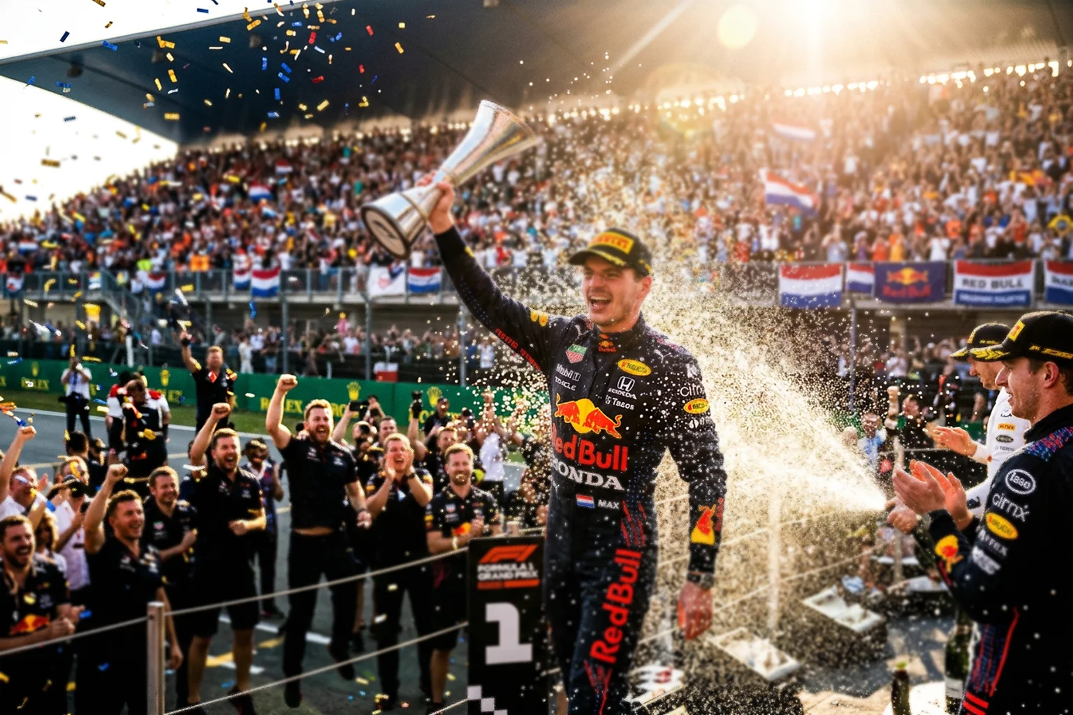 Célébration de victoire sur le podium F1 avec champagne et trophée