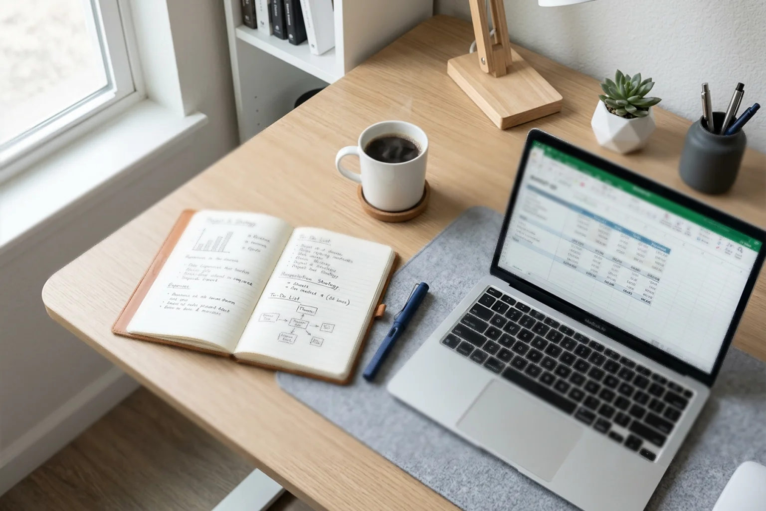 Bureau organisé avec carnet de notes, stylo et ordinateur portable pour la gestion des mises