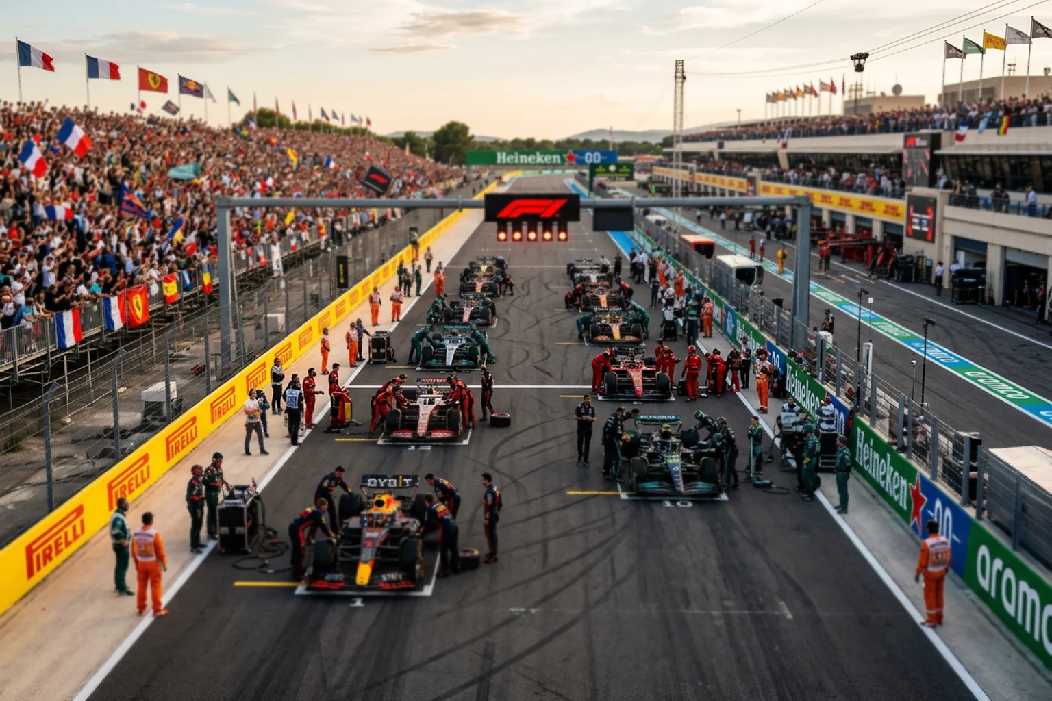 Grille de départ de Formule 1 avec les monoplaces alignées avant la course