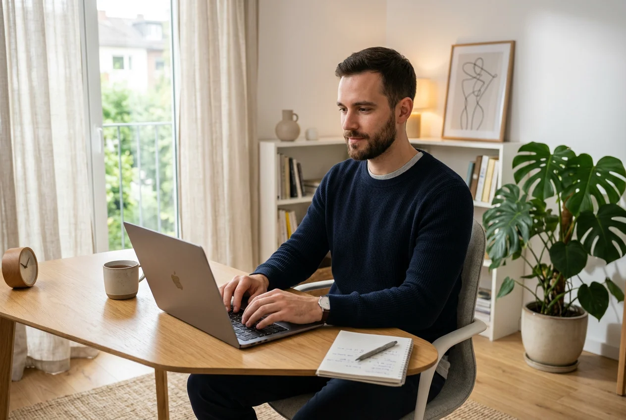 Homme concentré travaillant calmement sur son ordinateur dans un environnement serein