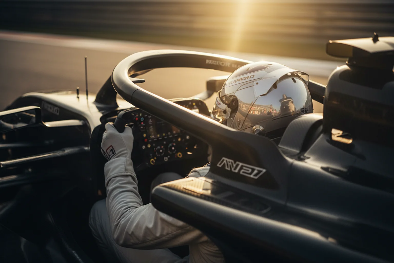 Pilote de Formule 1 concentré dans le cockpit de sa monoplace