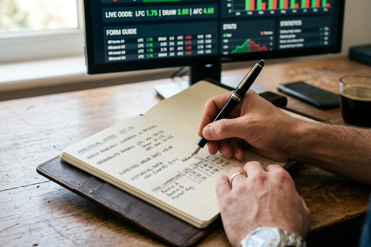 Main d'analyste prenant des notes dans un carnet avec écran affichant les cotes de paris