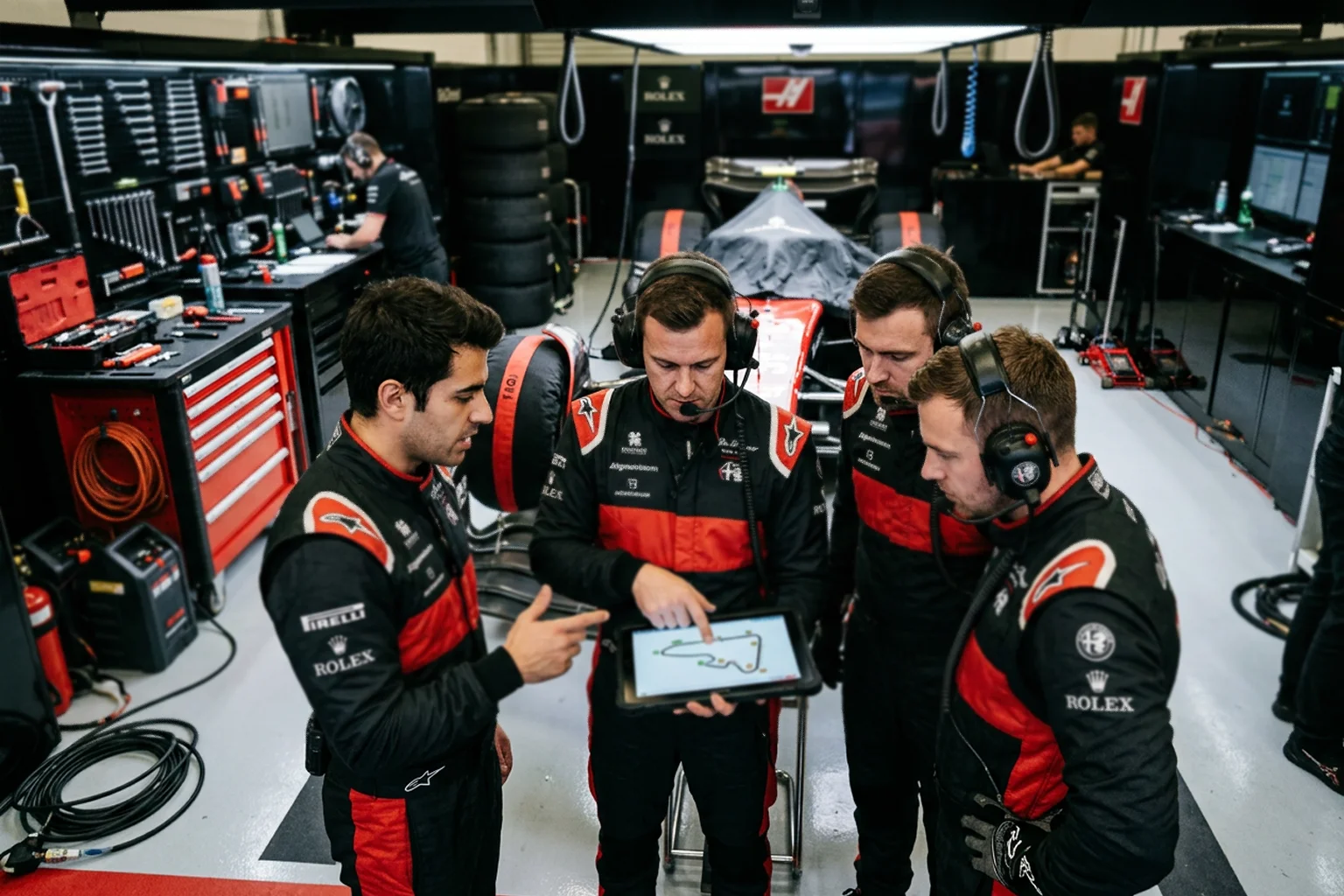 Équipe F1 en discussion stratégique dans le garage
