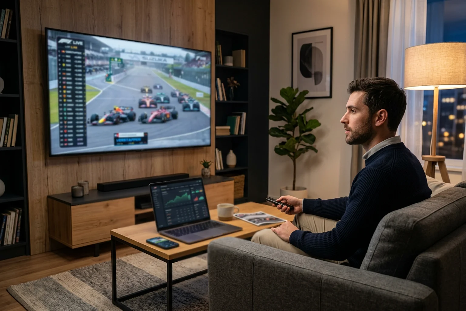 Parieur professionnel analysant une course de F1 sur grand écran avec données sur ordinateur portable