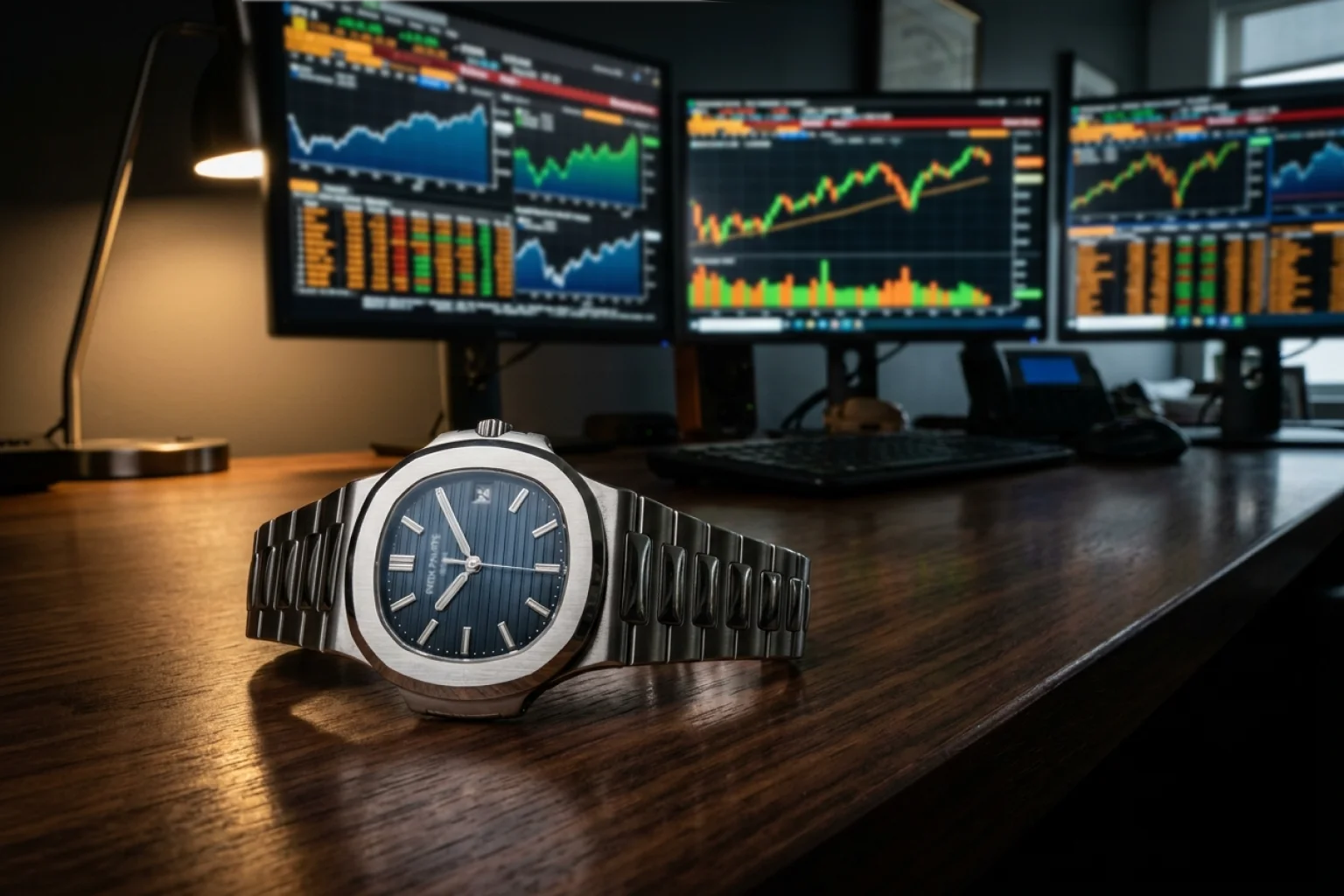 Montre élégante sur bureau avec écrans de données floues en arrière-plan symbolisant le timing des paris